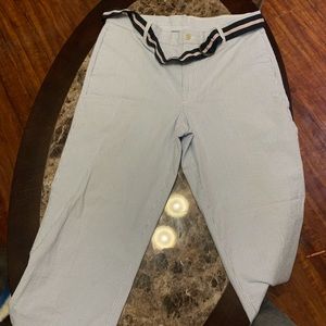 White and blue striped pants